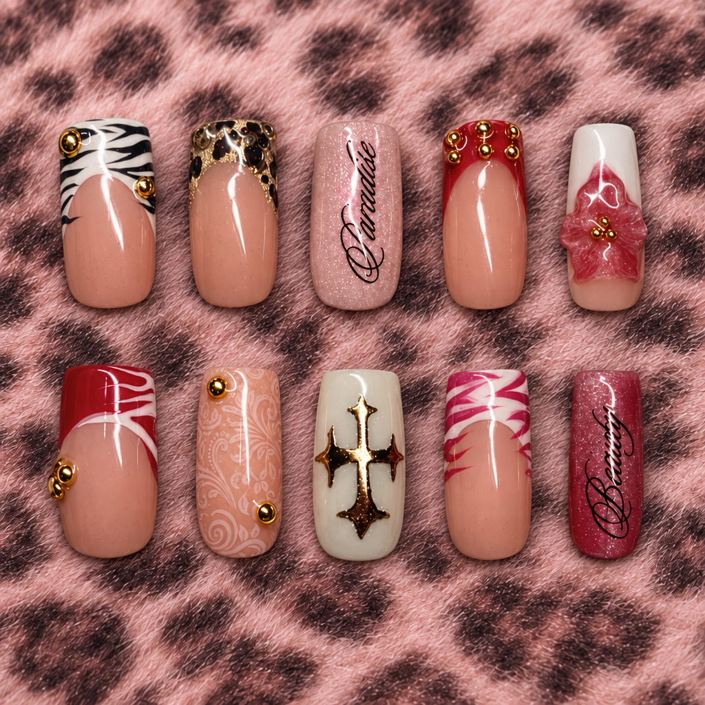 Flat-lay with nails aligned in two rows