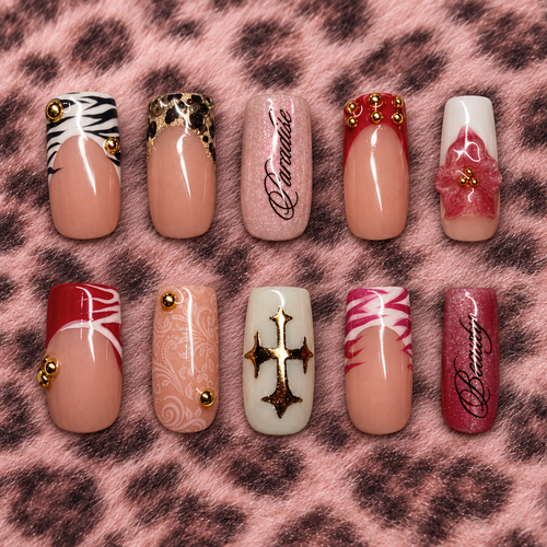 Flat-lay with nails aligned in two rows
