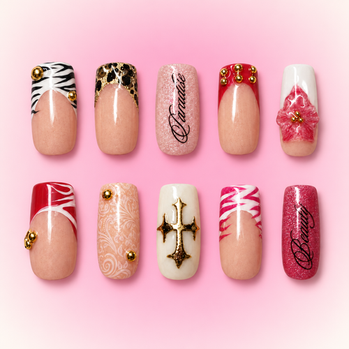 Press-on nails on pink gradient background