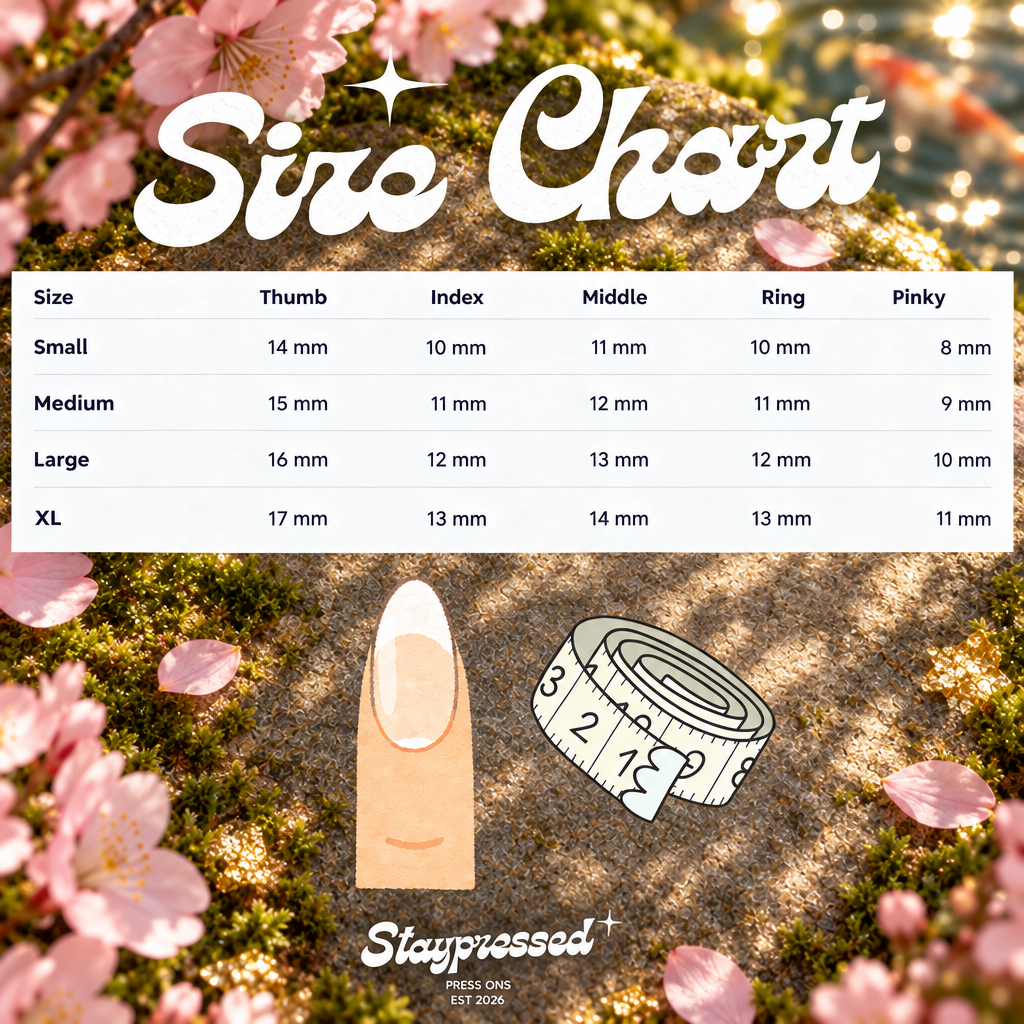 Shimmer Set size chart with garden background