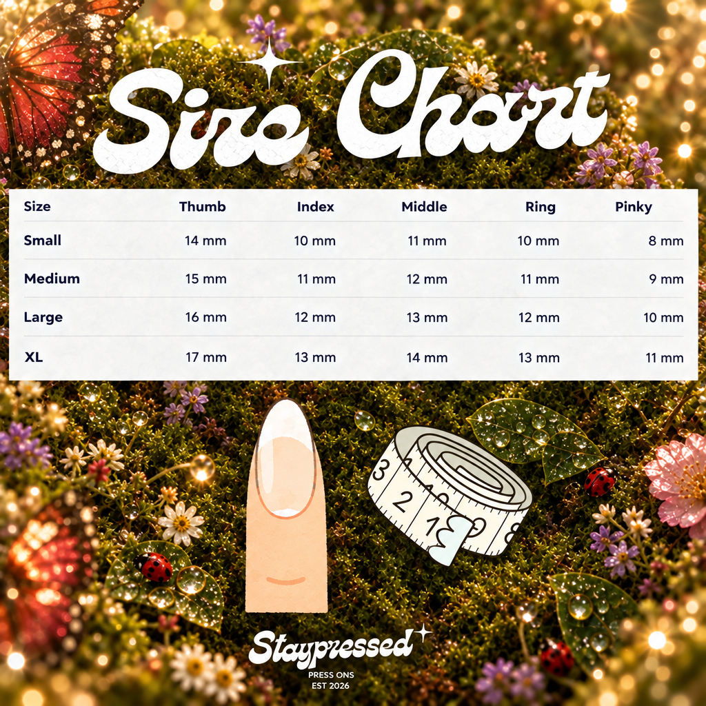 Size chart with garden background matched to first product photo