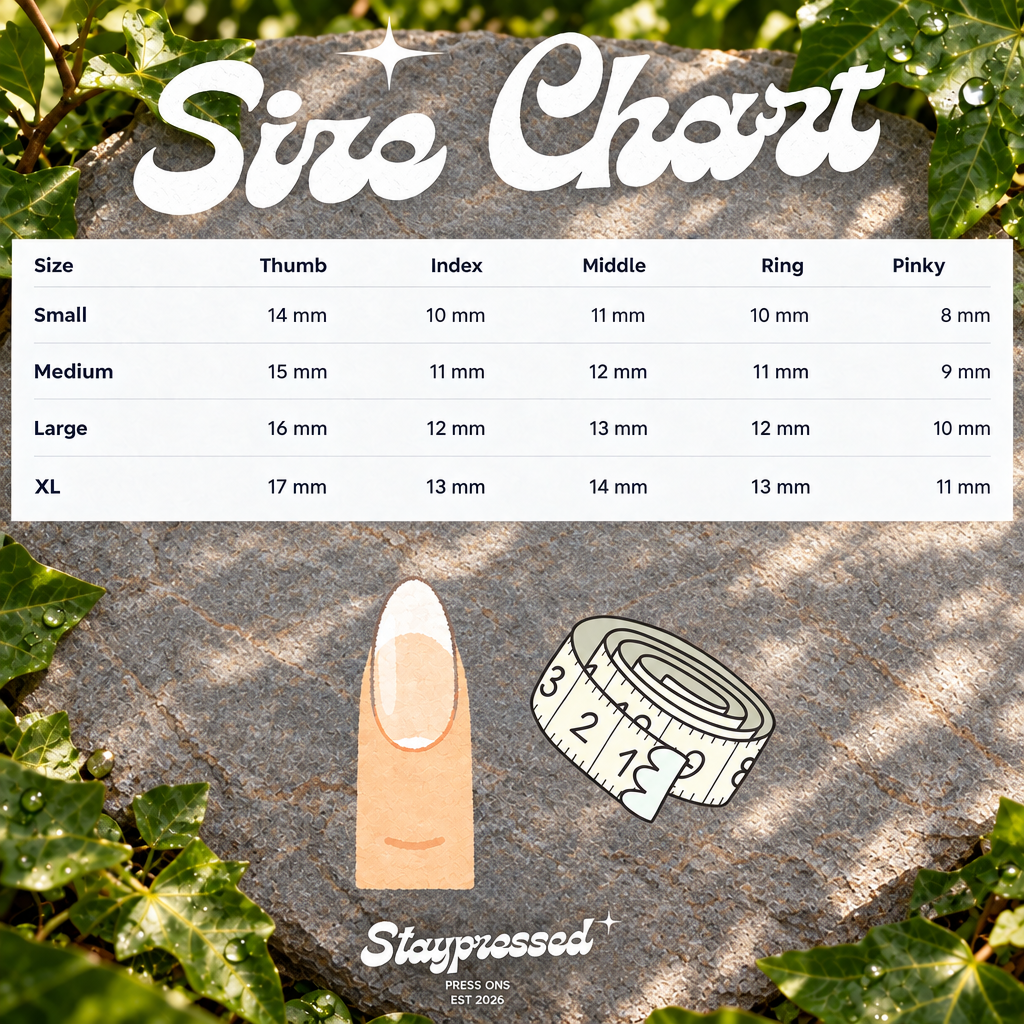 Size chart with stone and ivy background